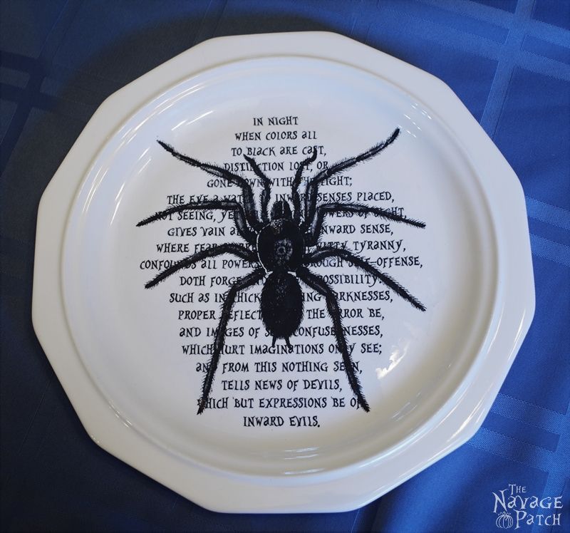 diy halloween plate with a spider and edgar allen poe verses