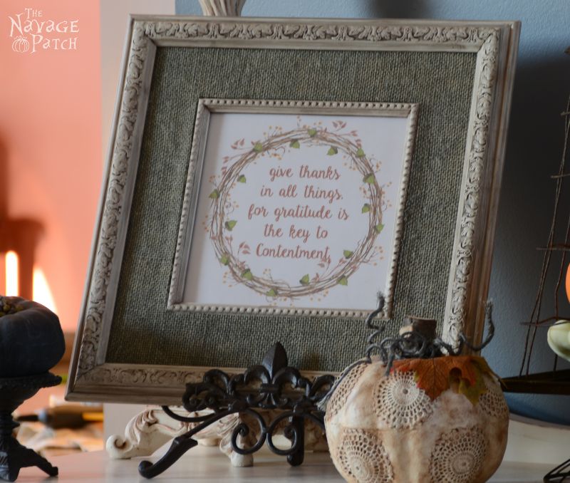 Plastic Frame Makeover {and Free Thanksgiving Printable} | DIY picture frame makeover | Painted and antiqued frame | Free Thanksgiving printable | DIY burlap picture frame mat | How to make a burlap picture frame mat | How to paint and distress plastic frames | Before & After | DIY home decor | TheNavagePatch.com