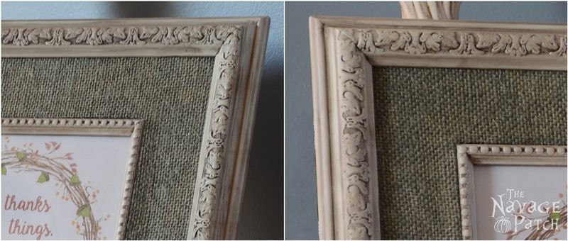 Plastic Frame Makeover {and Free Thanksgiving Printable} | DIY picture frame makeover | Painted and antiqued frame | Free Thanksgiving printable | DIY burlap picture frame mat | How to make a burlap picture frame mat | How to paint and distress plastic frames | Before & After | DIY home decor | TheNavagePatch.com