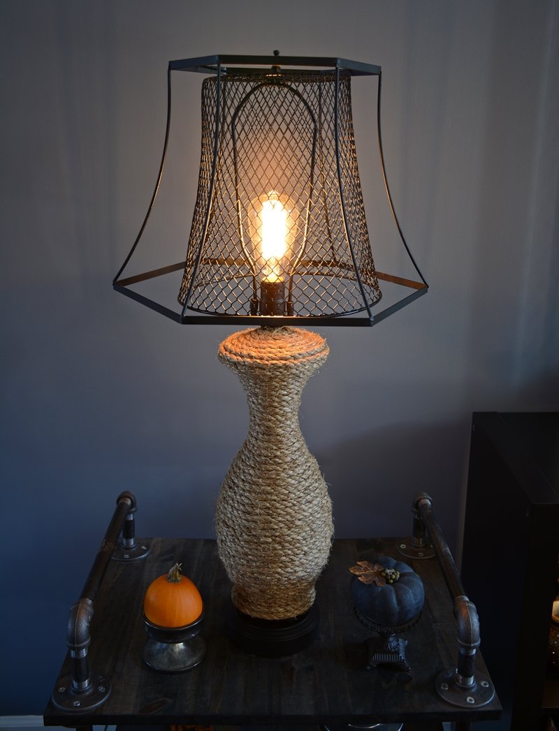 The Old Lamp Revamp | Industrial style DIY lamp makeover using Dollar Store trash can | Coastal style sisal rope wrapped table lamp | Edison bulb | Before & After | Indoor lighting | TheNavagePatch.com