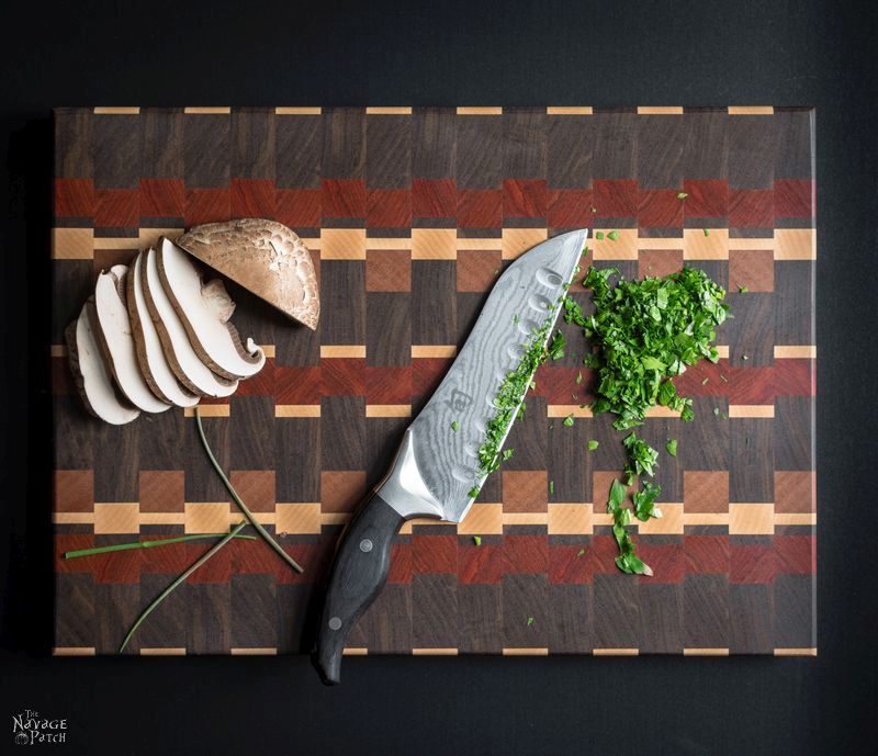 End-Grain Cutting Board Tutorial and Plans | How to make a cutting board that will last for years | Free plans for a DIY end grain cutting board | Handmade cutting board | DIY cutting board with food safe varnish | How to make an end grain cutting board | #TheNavagePatch #DIY #freeplans #Tutorial #Handmade #Endgrain #Cuttingboard #exoticwood #Woodworking | TheNavagePatch.com