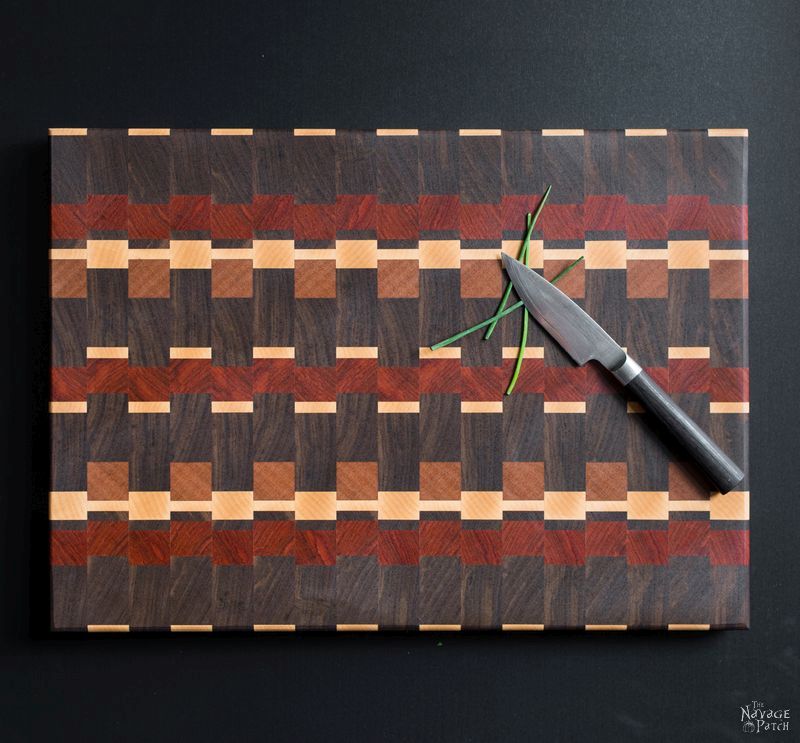 End-Grain Cutting Board Tutorial and Plans | How to make a cutting board that will last for years | Free plans for a DIY end grain cutting board | Handmade cutting board | DIY cutting board with food safe varnish | How to make an end grain cutting board | #TheNavagePatch #DIY #freeplans #Tutorial #Handmade #Endgrain #Cuttingboard #exoticwood #Woodworking | TheNavagePatch.com