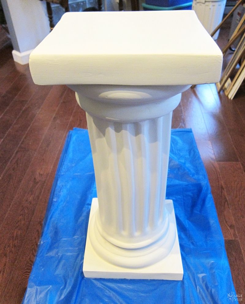 Column Pedestal: Ruins Revival Style | Column pedestal makeover with homemade chalk paint | Homemade chalk paint recipe | How to stencil with metallic wax | How to apply antiquing wax | Step-by-step tutorial for antiquing and metallic wax | English gardens | DIY garden decor | TheNavagePatch.com