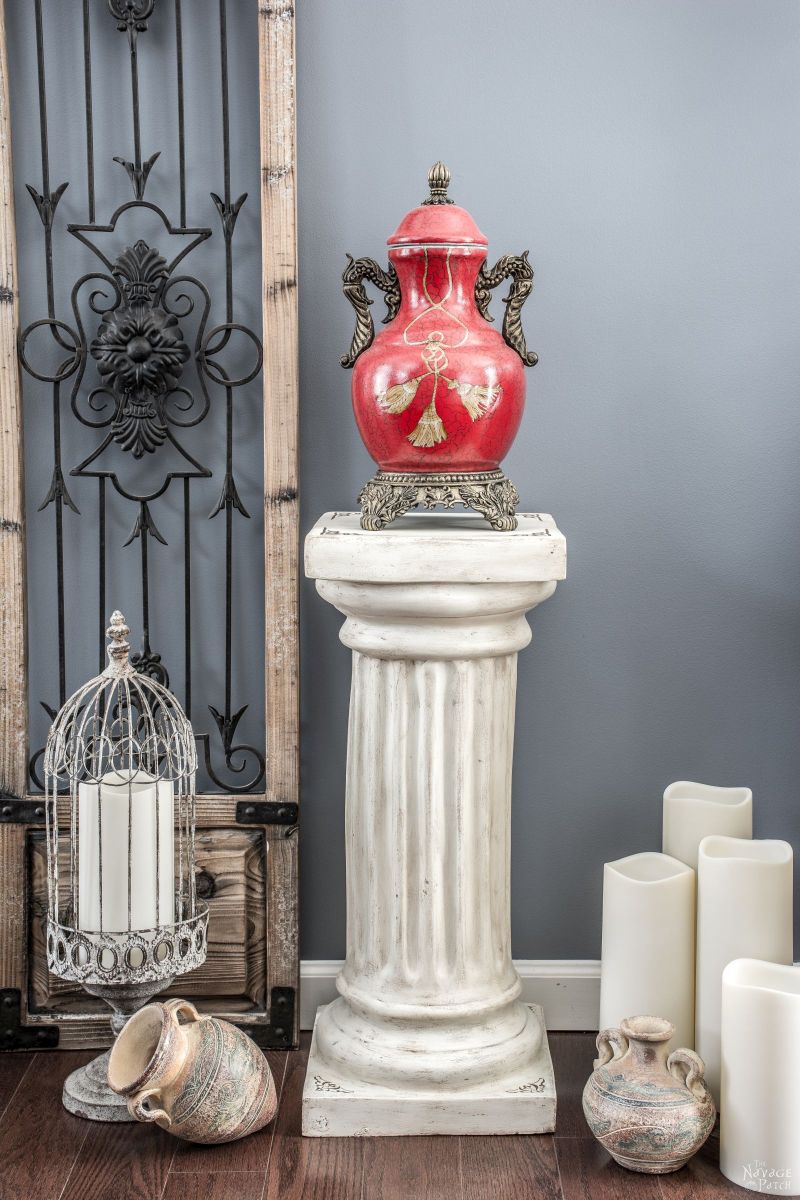 Column Pedestal: Ruins Revival Style | Column pedestal makeover with homemade chalk paint | Homemade chalk paint recipe | How to stencil with metallic wax | How to apply antiquing wax | Step-by-step tutorial for antiquing and metallic wax | English gardens | DIY garden decor | TheNavagePatch.com