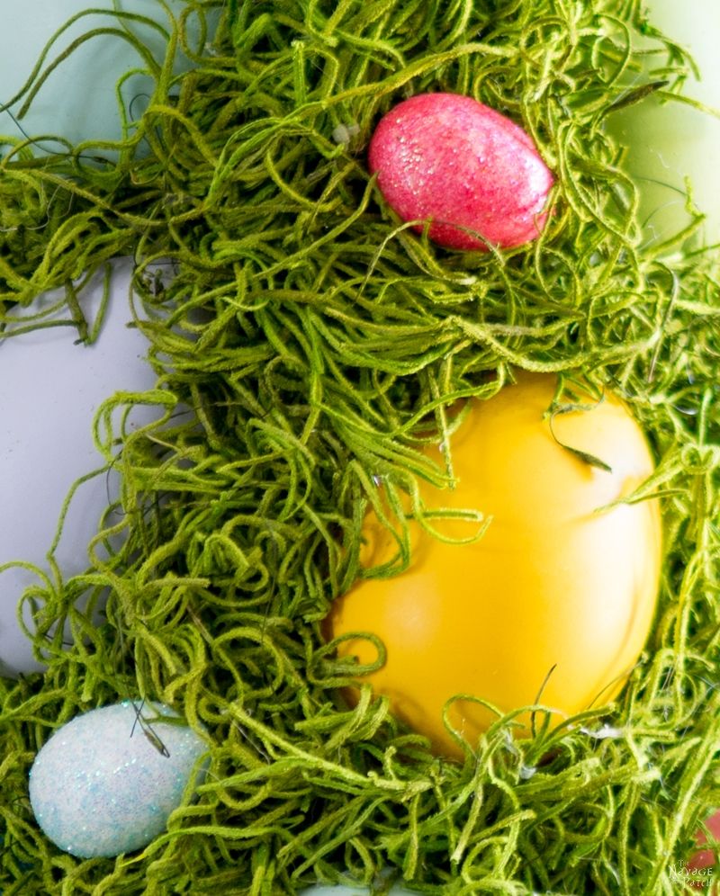 Cheerful Spring Wreath and Tree | Spring and Easter wreath | How to make a wreath | Colorful Easter eggs and moss wreath and topiary | How to make a Easter topiary | Easter and spring home decor | Handmade wreath and topiary | TheNavagePatch.com
