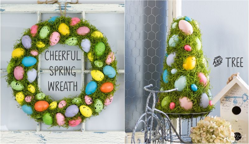 Cheerful Spring Wreath and Tree | Spring and Easter wreath | How to make a wreath | Colorful Easter eggs and moss wreath and topiary | How to make a Easter topiary | Easter and spring home decor | Handmade wreath and topiary | TheNavagePatch.com
