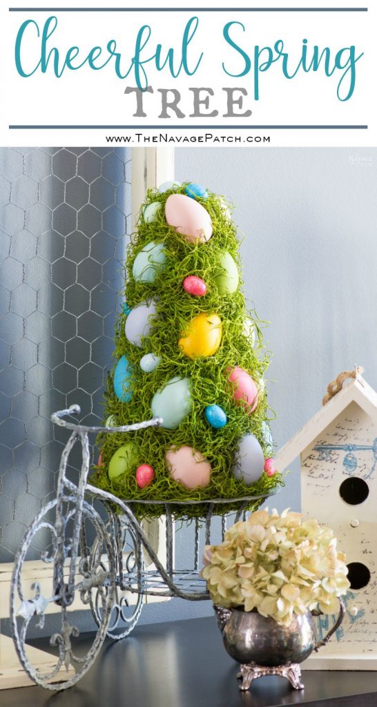 Cheerful Spring Wreath and Tree | Spring and Easter wreath | How to make a wreath | Colorful Easter eggs and moss wreath and topiary | How to make a Easter topiary | Easter and spring home decor | Handmade wreath and topiary | TheNavagePatch.com