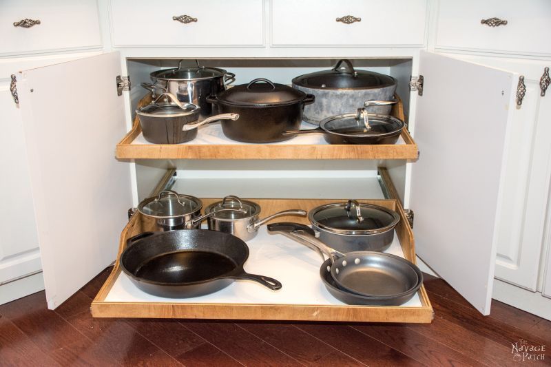 pots and pans on diy slide out shelves