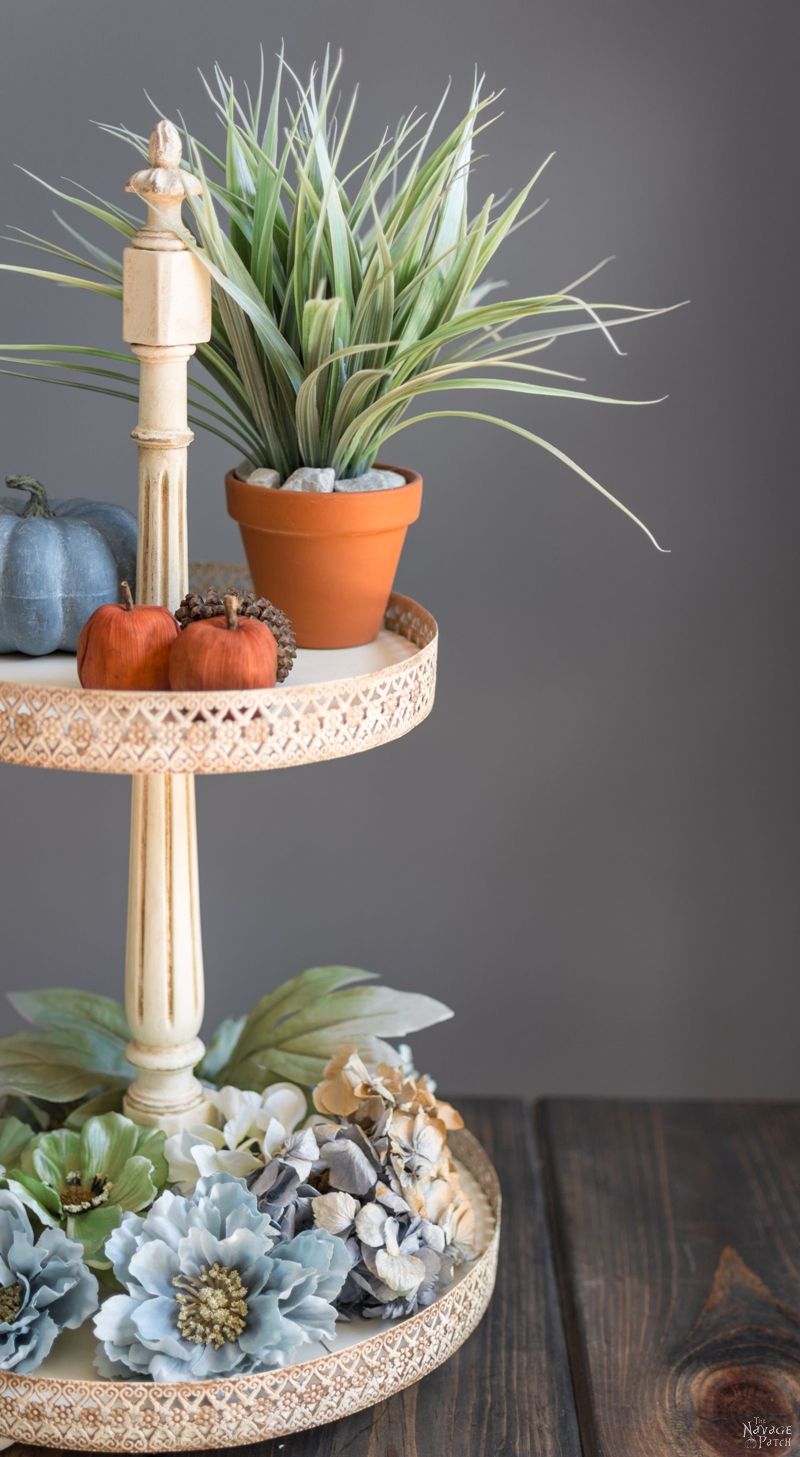 DIY Tiered Stand | How to make Victorian style tiered stand | How to use decorative metal straps | Diy home decor | Diy chalk paint | Homemade chalk paint recipe | Painted and antiqued home decor | Annie Sloan Old White color | Cheap & easy crafts | Simple woodworking | Spindle craft ideas | TheNavagePatch.com