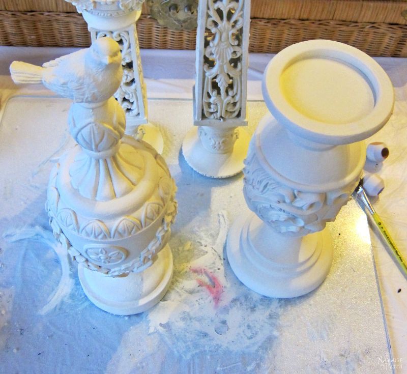 Pillar Candle Holder and Finial Update | How to fix broken resin decor | Updating home decor with homemade chalk paint | Homemade chalk paint recipe | How to use metallic wax | Painted and antiqued home decor | How to highlight relief and ornate | TheNavagePatch.com