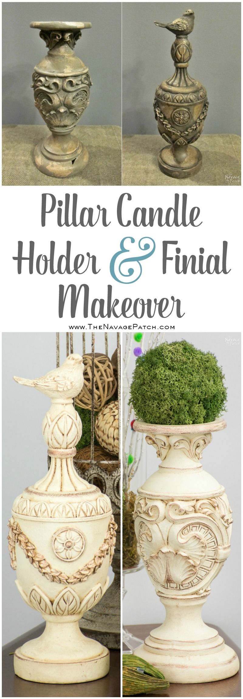 Pillar Candle Holder and Finial Update | How to fix broken resin decor | Updating home decor with homemade chalk paint | Homemade chalk paint recipe | How to use metallic wax | Painted and antiqued home decor | How to highlight relief and ornate | TheNavagePatch.com