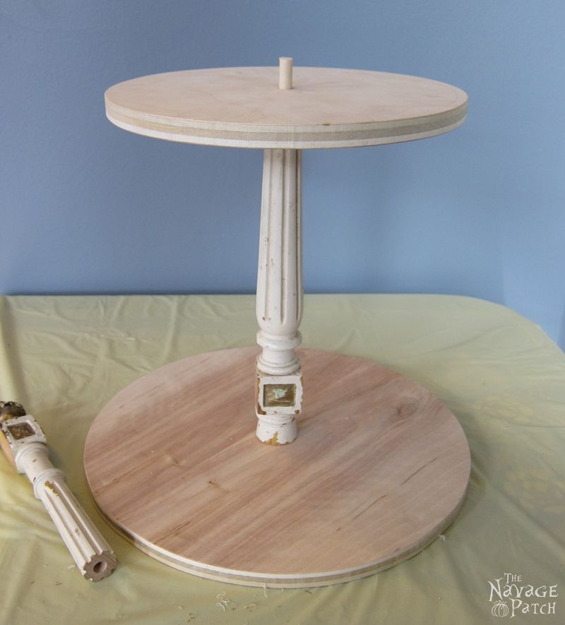 DIY tiered stand | How to make Victorian style tiered stand | How to use decorative metal straps | Diy home decor | Diy chalk paint | Homemade chalk paint recipe | Painted and antiqued home decor | Annie Sloan Old White color | Cheap & easy crafts | Simple woodworking | Spindle craft ideas | TheNavagePatch.com