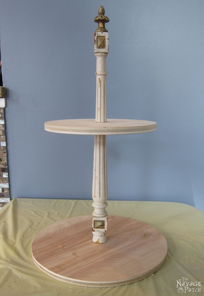 DIY tiered stand | How to make Victorian style tiered stand | How to use decorative metal straps | Diy home decor | Diy chalk paint | Homemade chalk paint recipe | Painted and antiqued home decor | Annie Sloan Old White color | Cheap & easy crafts | Simple woodworking | Spindle craft ideas | TheNavagePatch.com