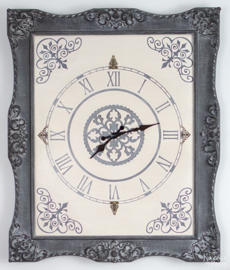 Ornate Frame to Wall Clock | Upcycled picture frame | How to make a wall clock from picture frame | DIY painted and stenciled wall clock | Homemade chalk paint recipe | DIY farmhouse style home decor | How to use white wax | Ornate picture frame makeover | How to build a stylish clock | How to stencil | TheNavagePatch.com
