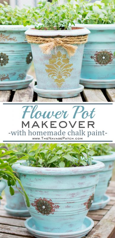 DIY flower pot makeover with homemade chalk paint | Painted, stenciled and distressed terracotta planters | Planter makeover with DIY chalk paint | Wet distressing method | #TheNavagePatch #DIY #Garden #Upcycle #ChalkPaint | Free paint color code | TheNavagePatch.com