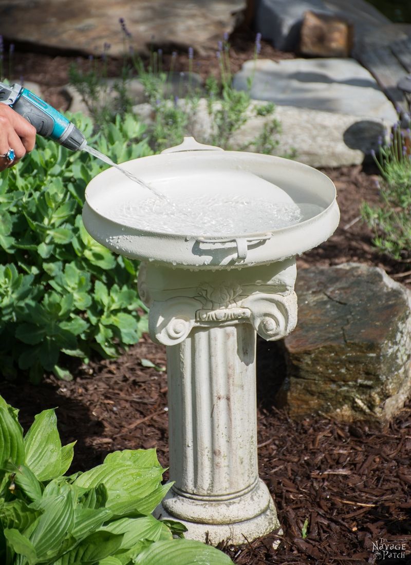 DIY Bird Bath | How to make a bird bath | How to keep your bird bath algae free | How to prevent algae growth | Simple upcycled garden and backyard decor | DIY garden and backyard decor | Homemade bird bath | #TheNavagePatch #Garden #DIY #Backyard #Upcycled #Repurposed | TheNavagePatch.com