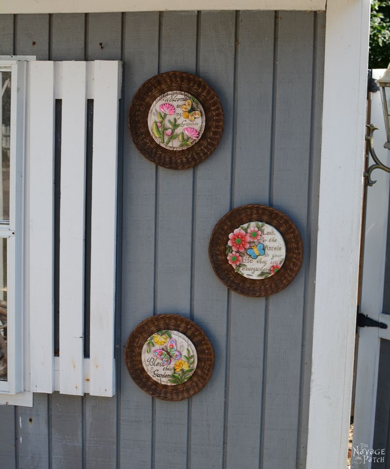 DIY Garden Decor | Upcycled & repurposed garden decor | Whimsical teapot garden decor | Upcycled bamboo plates | Dollar store crafts | Rust Oleum Robin's egg color | #TheNavagePatch #DIY #gardendecor #upcycled #repurposed #DollarStore #DollarTree #garden #Dollartreediy #rustoleum | TheNavagePatch.com