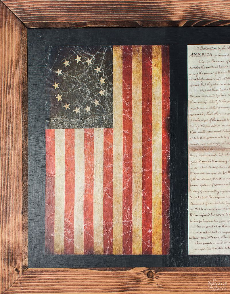 Old Glory & The Declaration of Independence: Patriotic Wall Art | Diy wall art | How to make a frame | Frame and wall art tutorial | Decopuaged wall art | July 4th crafts using mod podge | Old and new American flag | Independence day crafts | Easy & budget crafts | How to make wrinkled decoupage | TheNavagePatch.com