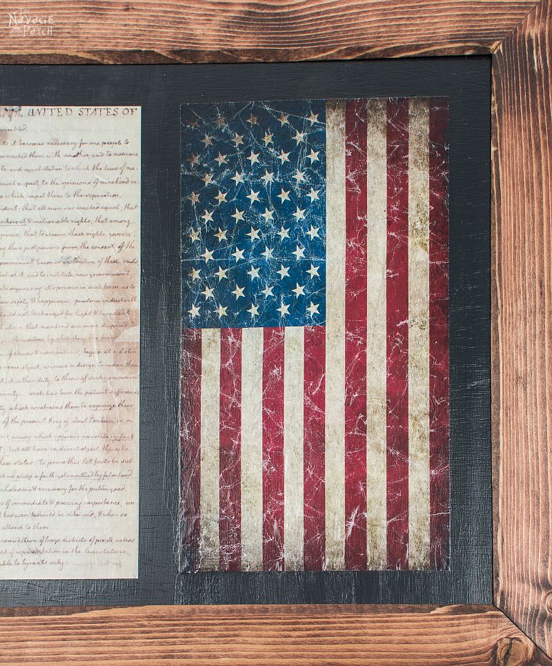 Old Glory & The Declaration of Independence: Patriotic Wall Art | Diy wall art | How to make a frame | Frame and wall art tutorial | Decopuaged wall art | July 4th crafts using mod podge | Old and new American flag | Independence day crafts | Easy & budget crafts | How to make wrinkled decoupage | TheNavagePatch.com