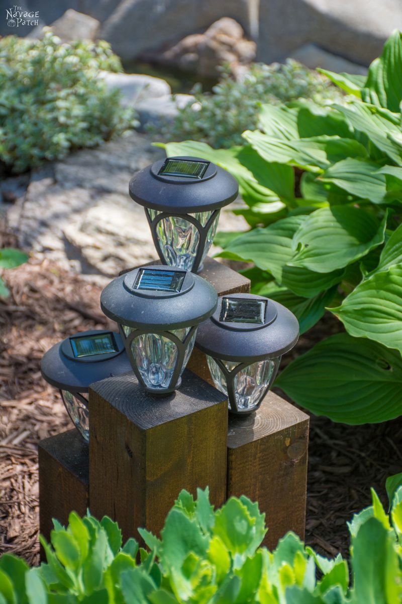 group of cedar post solar landscape lights in a garden