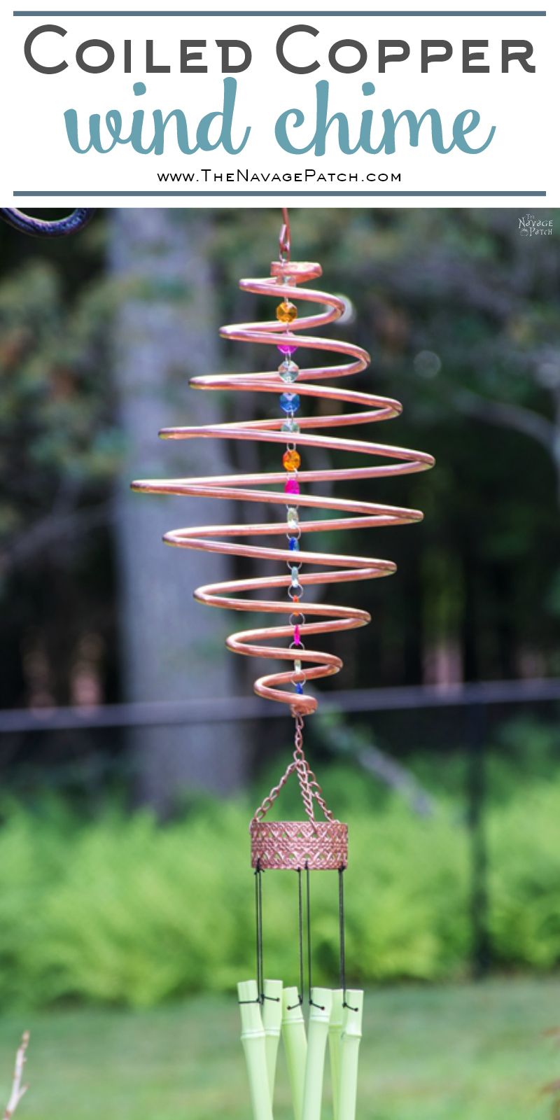 Coiled Copper Wind Chime | DIY wind chime | How make a spiral wind chime from copper | DIY garden decor | Easy & bugdet crafts | Upcycled garden decor | Dollar Store crafts | TheNavagePatch.com