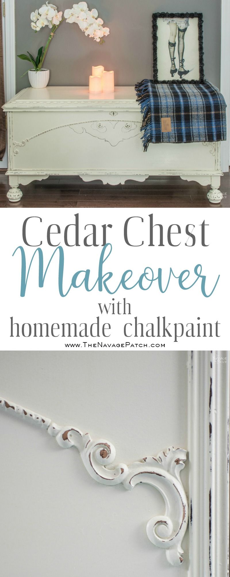 Cedar Chest Makeover | DIY furniture makeover with homemade chalk paint | How to cover wood stains when painting with chalk paint | Homemade chalk paint recipe | French country style painted furniture | Annie Sloan Old White color | Painted and distressed ornate furniture makeover | Transformed cedar chest | Before & After | TheNavagePatch.com