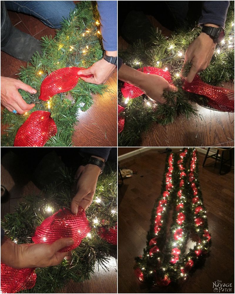 diy outdoor christmas garland with red ribbon