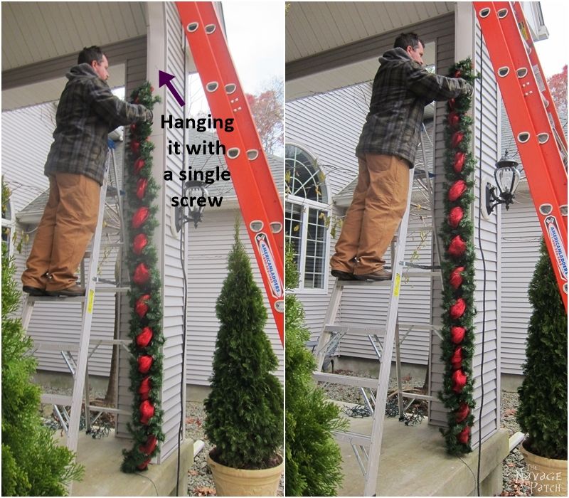 man hanging diy outdoor christmas garland