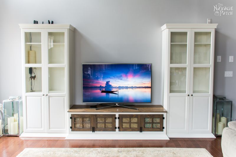DIY Built-in Media Console | Step-by-step DIY Media Cabinet Tutorial | Free Media Console Plans | How to make a shiplap countertop | How to install shiplap - the easy way | How to install crown molding | Step-by-step cabinetry tutorial | How to add muntins to a glass cabinet door | DIY glass cabinet door | How to add glass to cabinet doors | DIY TV Stand | DIY Cabinetry and woodworking | How to Build a Media Cabinet | Easy DIY furniture and organization | Living room makeover | Before & After | TheNavagePatch.com