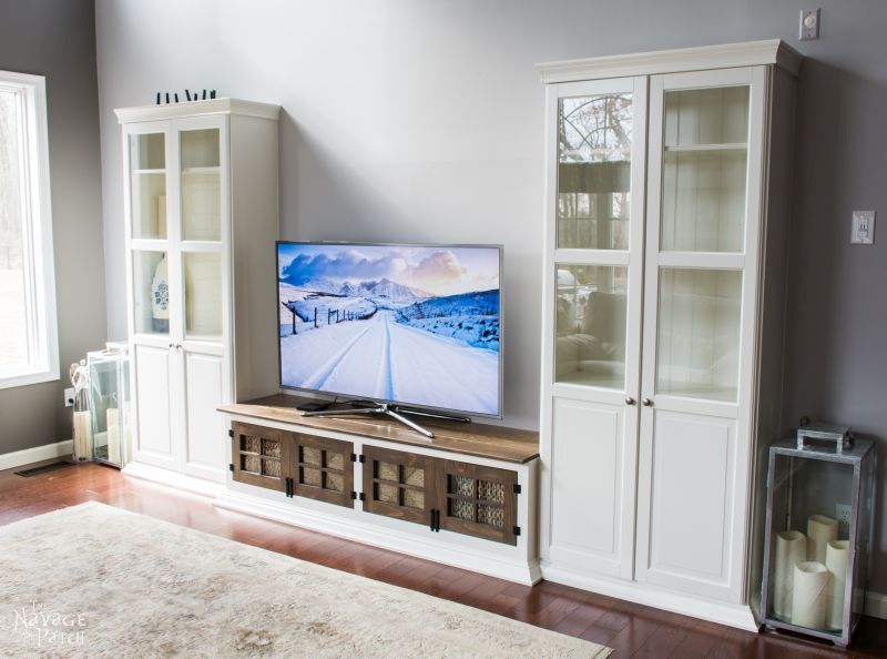 DIY Built-in Media Console | Step-by-step DIY Media Cabinet Tutorial | Free Media Console Plans | How to make a shiplap countertop | How to install shiplap - the easy way | How to install crown molding | Step-by-step cabinetry tutorial | How to add muntins to a glass cabinet door | DIY glass cabinet door | How to add glass to cabinet doors | DIY TV Stand | DIY Cabinetry and woodworking | How to Build a Media Cabinet | Easy DIY furniture and organization | Living room makeover | Before & After | TheNavagePatch.com