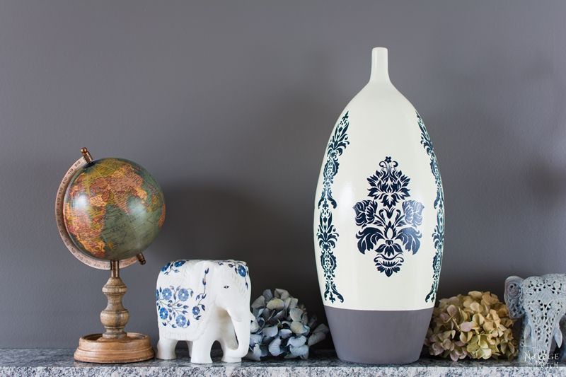 Pottery Barn Inspired Ceramic Vase Makeover | Pottery Barn knockoff | DIY stenciled ceramic vase | Free printable stencil | Free damask stencil | How to stencil ceramic | Homemade chalk paint recipe | How to make chalk paint | Farmhouse style home decor | Easy and budget-friendly crafts | DIY Glazed ceramic vase | Thrift store vase makeover | Before & After | TheNavagePatch.com