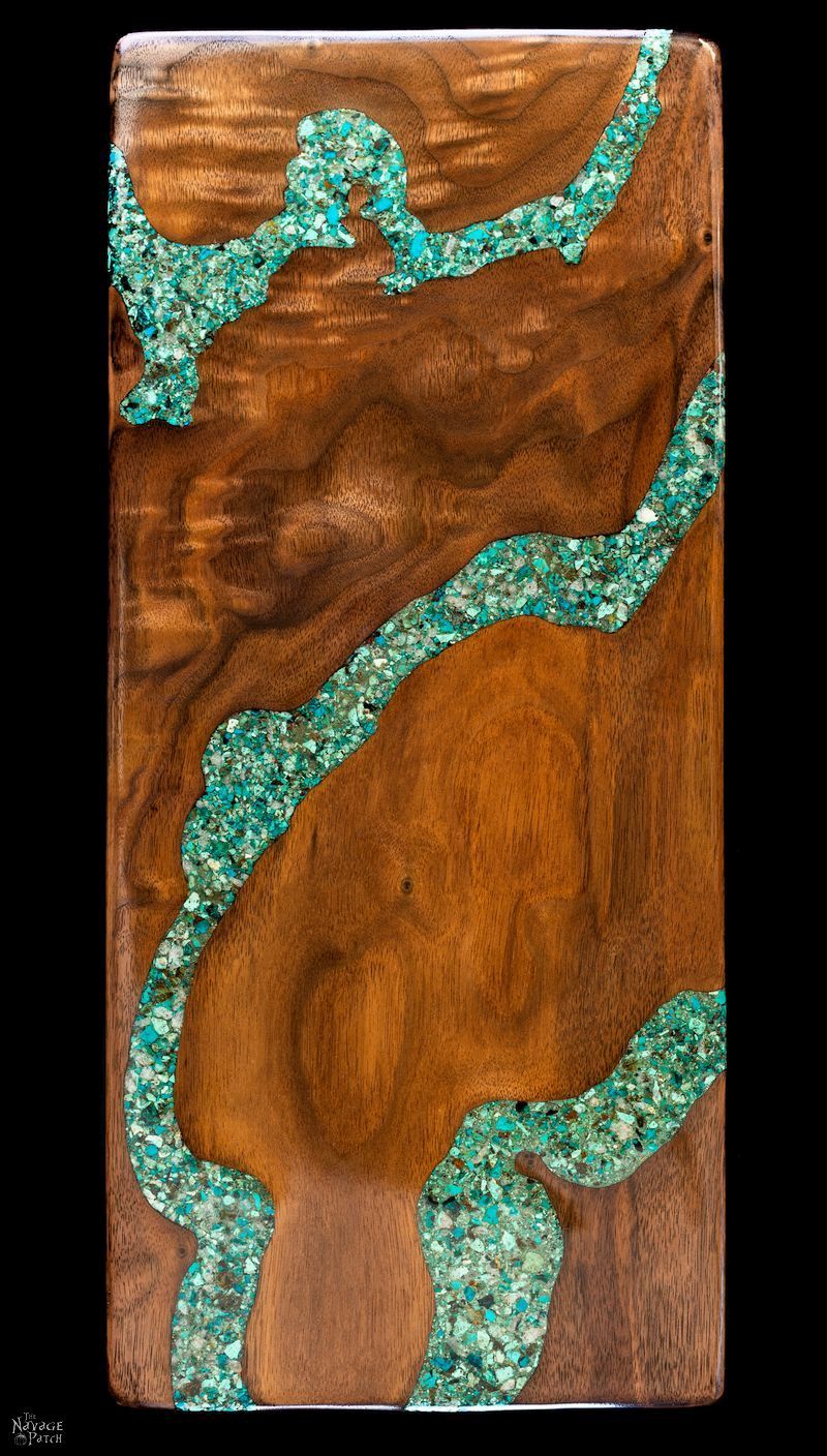 DIY Turquoise Inlay Cheese Board | Handmade cutting board | How to make a cutting board | How to inlay turquoise stone | How to crush turquoise for inlay | How to apply food safe varnish | #TheNavagePatch #diy #tutorial #cuttingboard #turquoise #kitchen #homedecor #DIYhomedecor #woodworking #easyentertaining #cheeseboardideas | TheNavagePatch.com