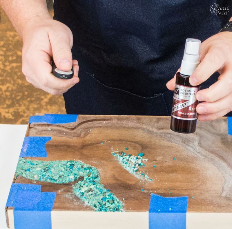 DIY Turquoise Inlay Cheese Board | Handmade cutting board | How to make a cutting board | How to inlay turquoise stone | How to crush turquoise for inlay | How to apply food safe varnish | #TheNavagePatch #diy #tutorial #cuttingboard #turquoise #kitchen #homedecor #DIYhomedecor #woodworking #easyentertaining #cheeseboardideas | TheNavagePatch.com