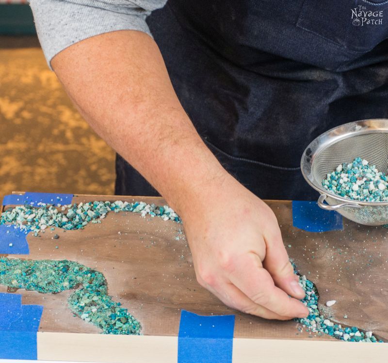 DIY Turquoise Inlay Cheese Board | Handmade cutting board | How to make a cutting board | How to inlay turquoise stone | How to crush turquoise for inlay | How to apply food safe varnish | #TheNavagePatch #diy #tutorial #cuttingboard #turquoise #kitchen #homedecor #DIYhomedecor #woodworking #easyentertaining #cheeseboardideas | TheNavagePatch.com