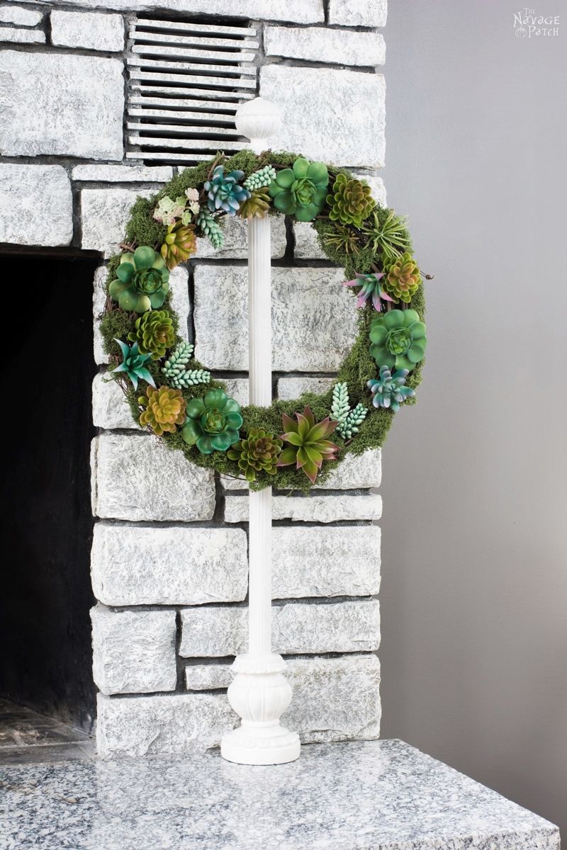 DIY Wreath Stand | How to make a wreath stand from a table lamp | Repurposed table lamp | Upcycled curtain rod | Fusion paint | How to use air dried apoxie clay | DIY Farmhouse decor | DIY spring wreath | #TheNavagePatch #Recycled # Upcycled # Upcycling #DIY #Springdecor #Farmhousedecor #Succulent #FusionPaint #Wreath #Summerwreath #Springwreath #easydiy | TheNavagePatch.com