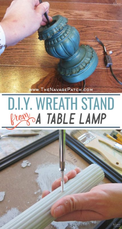 DIY Wreath Stand | How to make a wreath stand from a table lamp | Repurposed table lamp | Upcycled curtain rod | Fusion paint | How to use air dried apoxie clay | DIY Farmhouse decor | DIY spring wreath | #TheNavagePatch #Recycled # Upcycled # Upcycling #DIY #Springdecor #Farmhousedecor #Succulent #FusionPaint #Wreath #Summerwreath #Springwreath #easydiy | TheNavagePatch.com