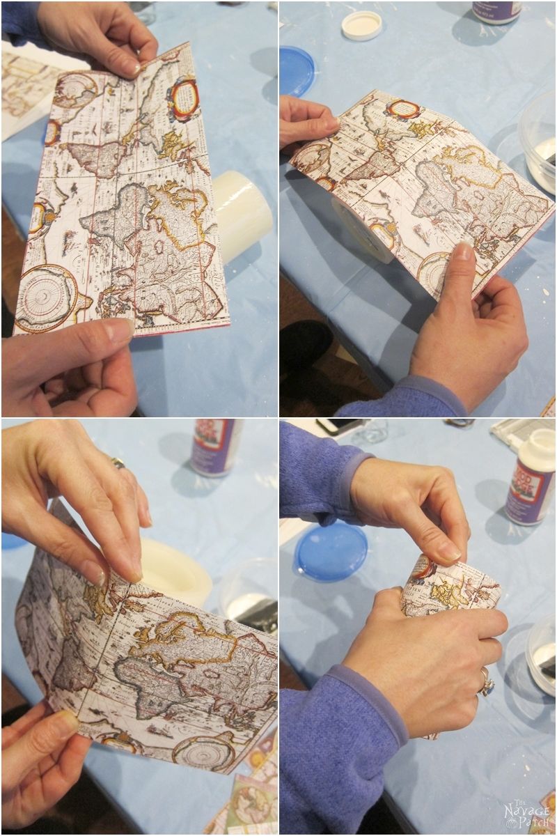 Antique World Map Decoupage Candles | How to decoupage | How to use mod podge | Free printable vintage maps | Free printable decoupage paper | Easy and beautiful DIY gifts | Mod podge video tutorial | #TheNavagePatch #Modpodge #freeprintable #videotutorial #DIYhomedecor #DIY #easydiy #nautical #coastal #vintage #knockoff #maps #upcycled | TheNavagePatch.com