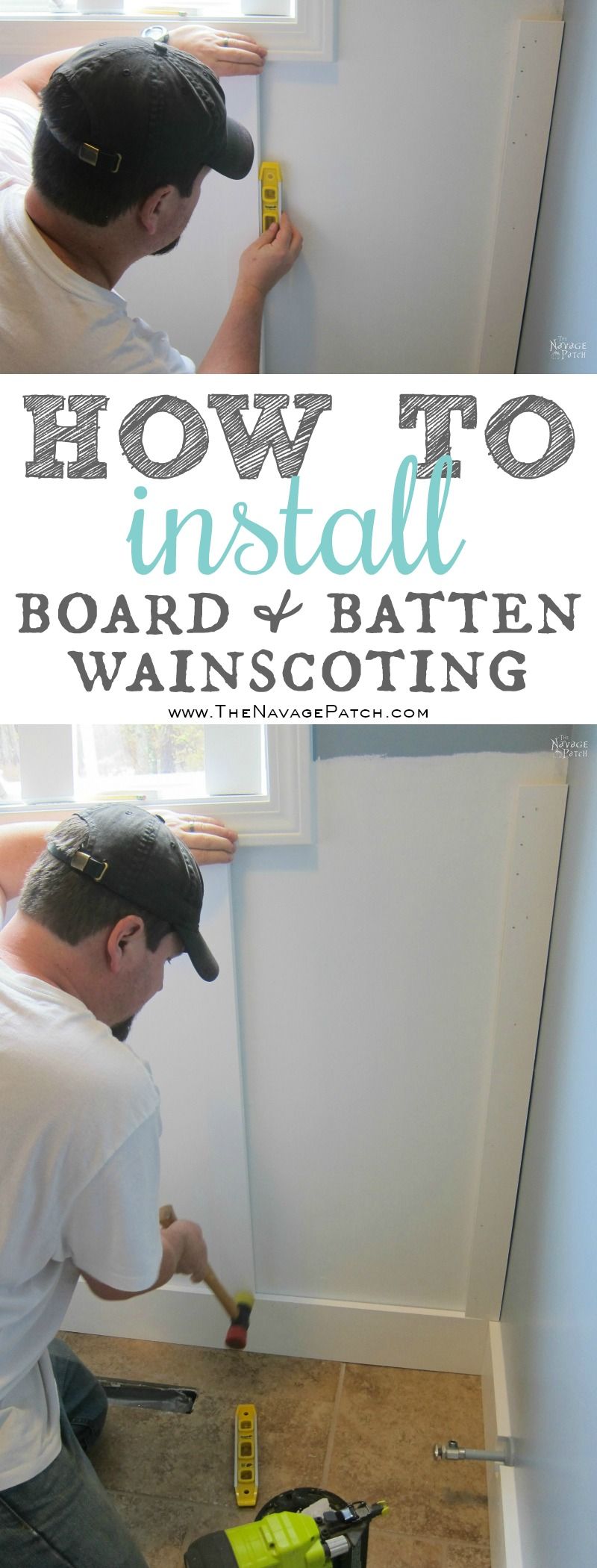 Guest Bathroom Renovation | How to install a toilet bowl | How to install wainscoting | How to install board and batten | DIY toilet bowl installation | DIY board and batten wainscoting | How to paint trim with no brush marks | How to paint windows | How to fix walls like a pro | DIY wall demolition | Best paint for bathrooms | Benjamin Moore Advance Paint | Before & After | TheNavagePatch.com