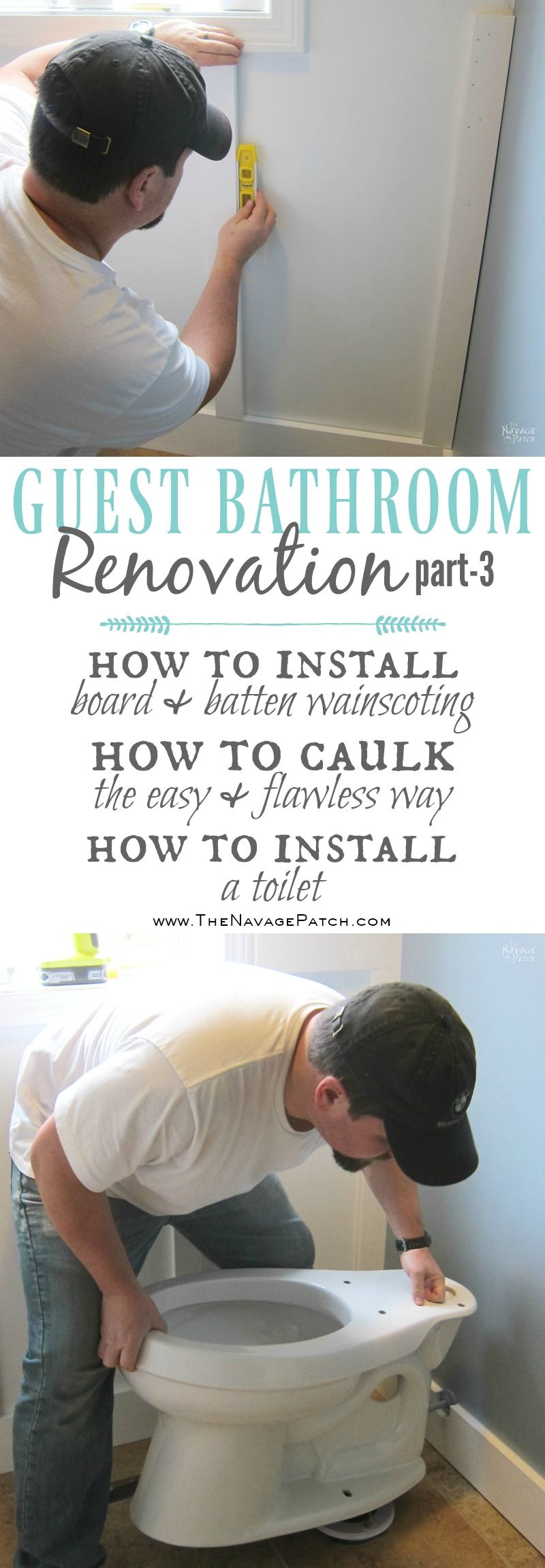 Guest Bathroom Renovation | How to install a toilet bowl | How to install wainscoting | How to install board and batten | DIY toilet bowl installation | DIY board and batten wainscoting | How to paint trim with no brush marks | How to paint windows | How to fix walls like a pro | DIY wall demolition | Best paint for bathrooms | Benjamin Moore Advance Paint | Before & After | TheNavagePatch.com