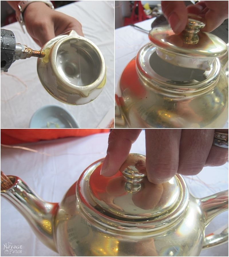 woman hot gluing lid onto teapot