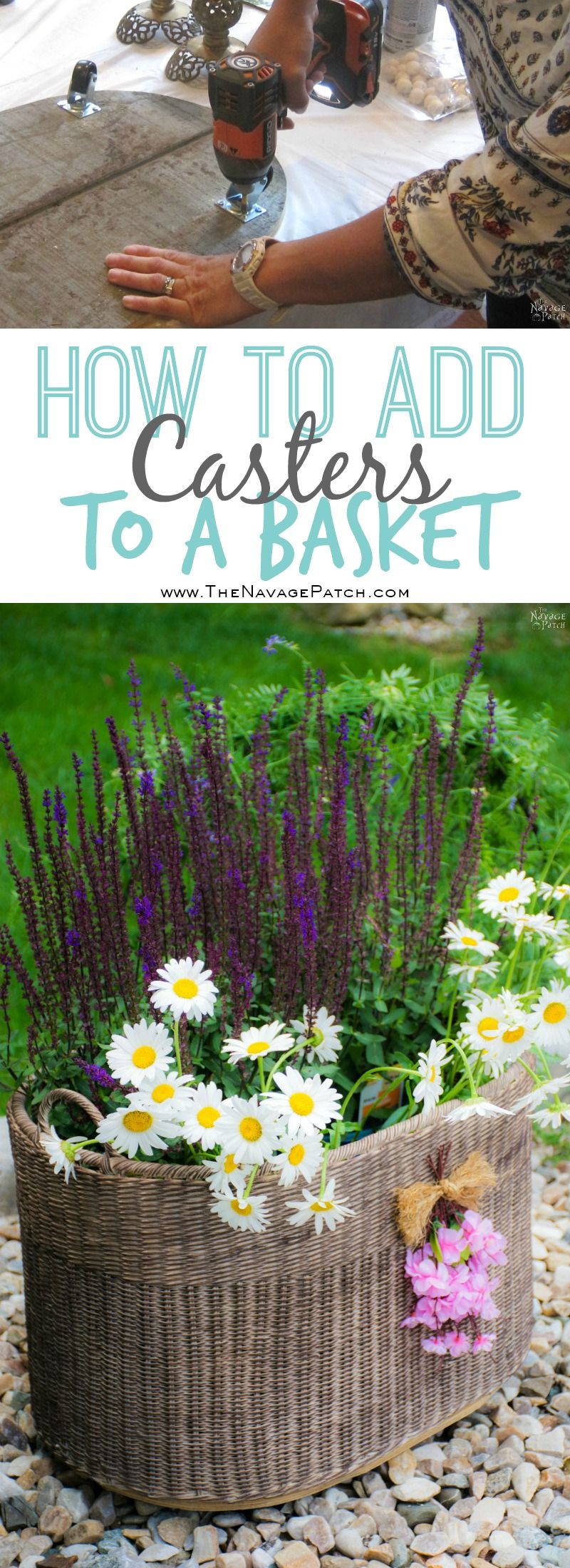 DIY Planter Basket {with casters} | How to add casters to a basket | DIY painted wicker basket planter | Easy and Budget Friendly Home Decor | Upcycled basket | Before & After | TheNavagePatch.com