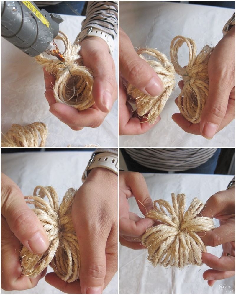 gluing three sisal twine coils together to form a diy pumpkin