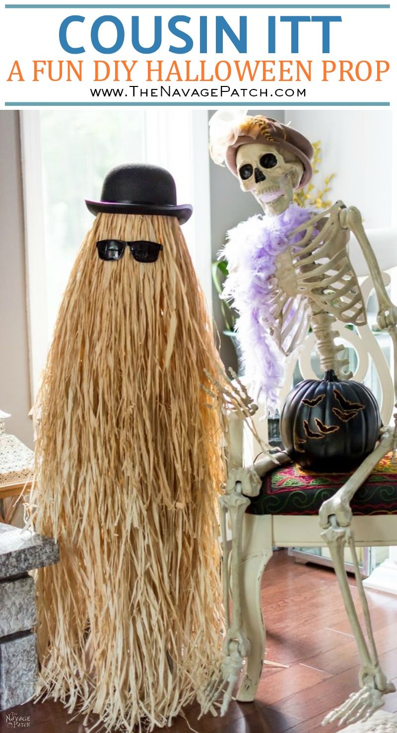 Cousin Itt Halloween prop | DIY Addams Family Cousin It | Step-by-step tutorial for how to make a Cousin It | DIY Halloween decor with Dollar store supplies | Upcycled and Repurposed Halloween decor | Upcycled tomato cage to Halloween decoration | #TheNavagePatch #Upcycle #Repurposed #halloweendecorations #halloween #DollarStore #DollarTree #easydiy #DIY #halloweenparty #Cousinit | TheNavagePatch.com