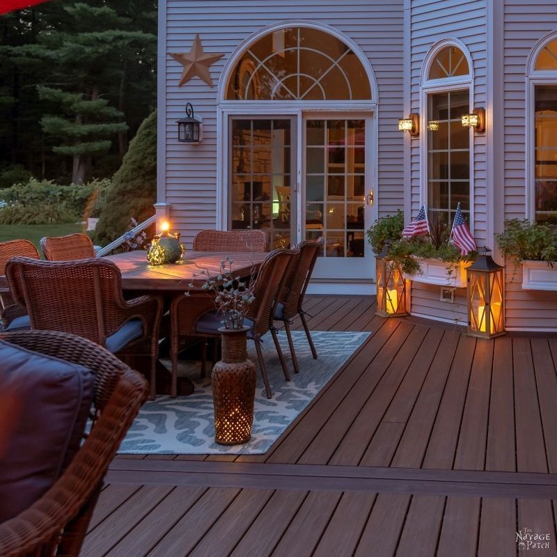 Deck Reveal | Deck decor ideas with source list | Trex Deck design ideas | How to choose a decking material | Composite deck vs pressure treated wooden decks | Trex Deck Vintage Lantern and Spiced Rum | #thenavagepatch #deck #outdoors #homedecor #diy #trex #trexdeck #deckdesign | TheNavagePatch.com