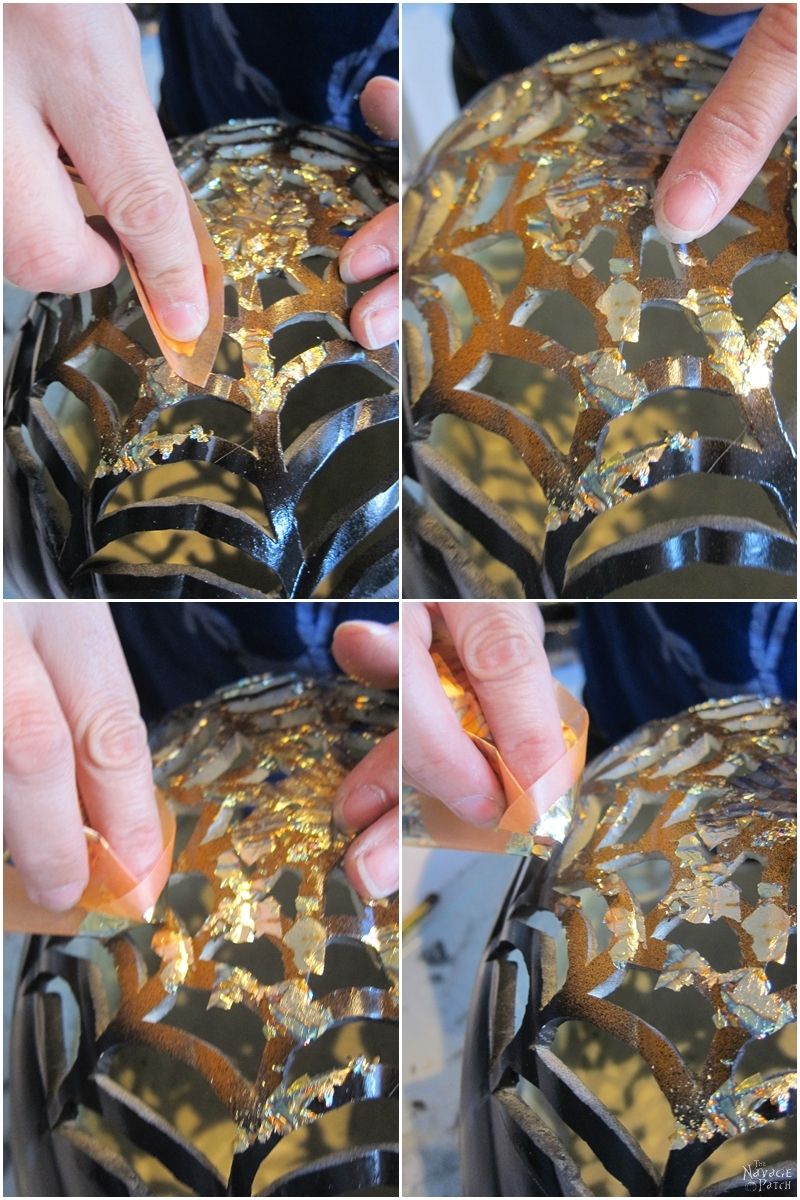 DIY Gilded Pumpkins | No-carve gilded Halloween pumpkins | How to gild | DIY Halloween and fall decoration | Pumpkin carving designs | Gilded Dollar Store pumpkins | DIY crackled copper patina gild pumpkins |#TheNavagePatch #DollarStore #DollarTree #easydiy #Falldecorideas #pumpkin #falldecor #diy #diypumpkin #Halloween #halloweendecor #pumpkineverything | TheNavagePatch.com