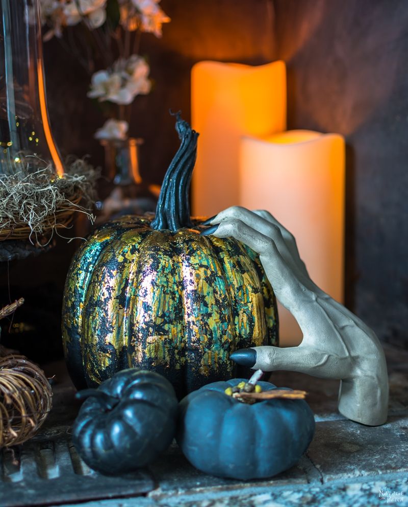 DIY Gilded Pumpkins | No-carve gilded Halloween pumpkins | How to gild | DIY Halloween and fall decoration | Pumpkin carving designs | Gilded Dollar Store pumpkins | DIY crackled copper patina gild pumpkins |#TheNavagePatch #DollarStore #DollarTree #easydiy #Falldecorideas #pumpkin #falldecor #diy #diypumpkin #Halloween #halloweendecor #pumpkineverything | TheNavagePatch.com