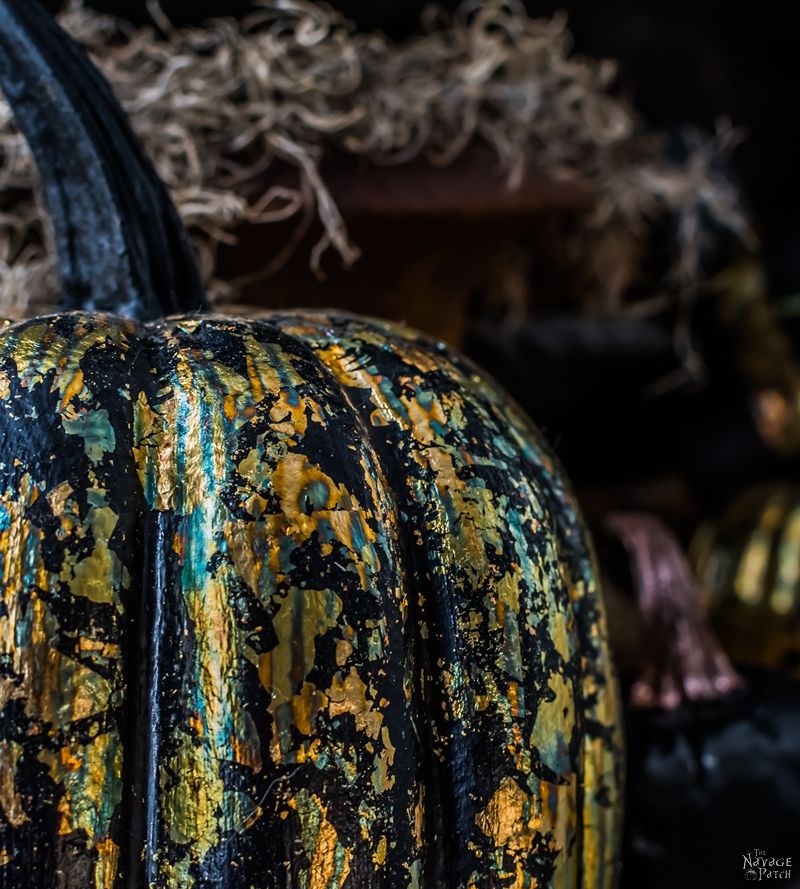 DIY Gilded Pumpkins | No-carve gilded Halloween pumpkins | How to gild | DIY Halloween and fall decoration | Pumpkin carving designs | Gilded Dollar Store pumpkins | DIY crackled copper patina gild pumpkins |#TheNavagePatch #DollarStore #DollarTree #easydiy #Falldecorideas #pumpkin #falldecor #diy #diypumpkin #Halloween #halloweendecor #pumpkineverything | TheNavagePatch.com