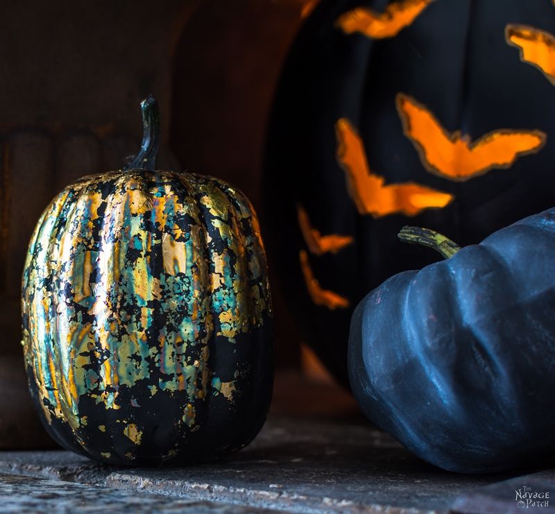 DIY Gilded Pumpkins | No-carve gilded Halloween pumpkins | How to gild | DIY Halloween and fall decoration | Pumpkin carving designs | Gilded Dollar Store pumpkins | DIY crackled copper patina gild pumpkins |#TheNavagePatch #DollarStore #DollarTree #easydiy #Falldecorideas #pumpkin #falldecor #diy #diypumpkin #Halloween #halloweendecor #pumpkineverything | TheNavagePatch.com