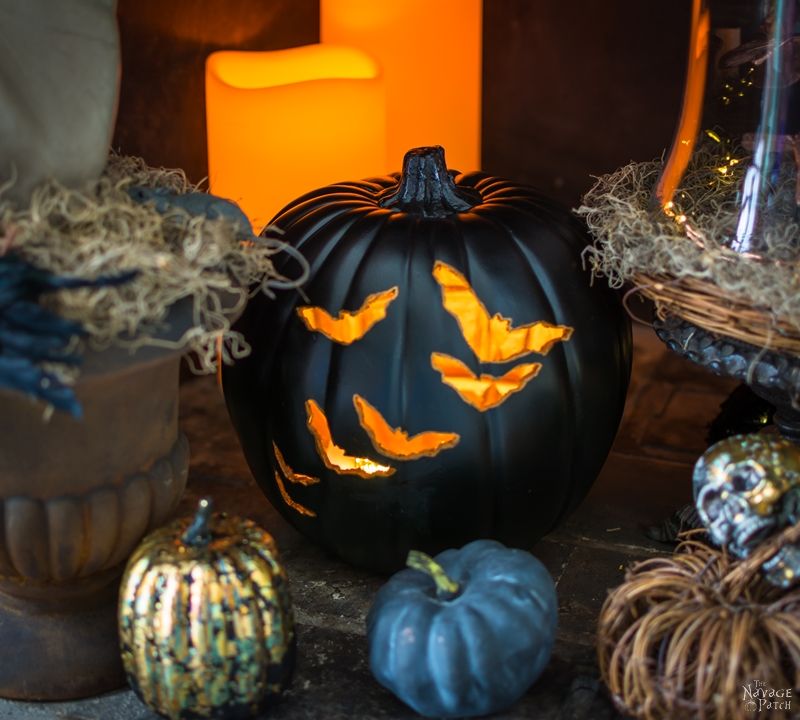 DIY Gilded Pumpkins | No-carve gilded Halloween pumpkins | How to gild | DIY Halloween and fall decoration | Pumpkin carving designs | Gilded Dollar Store pumpkins | DIY crackled copper patina gild pumpkins |#TheNavagePatch #DollarStore #DollarTree #easydiy #Falldecorideas #pumpkin #falldecor #diy #diypumpkin #Halloween #halloweendecor #pumpkineverything | TheNavagePatch.com