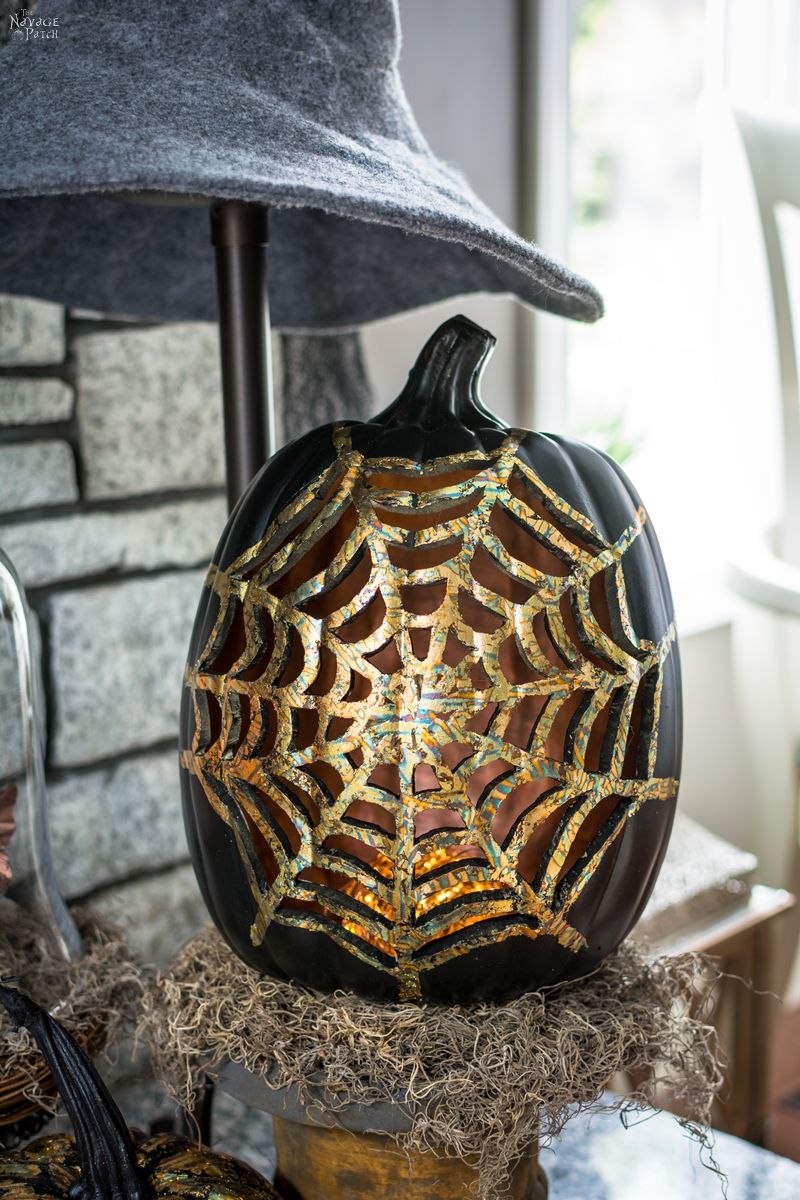 DIY Gilded Pumpkins | No-carve gilded Halloween pumpkins | How to gild | DIY Halloween and fall decoration | Pumpkin carving designs | Gilded Dollar Store pumpkins | DIY crackled copper patina gild pumpkins |#TheNavagePatch #DollarStore #DollarTree #easydiy #Falldecorideas #pumpkin #falldecor #diy #diypumpkin #Halloween #halloweendecor #pumpkineverything | TheNavagePatch.com